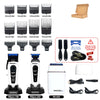 A collection of Rosyous electric hair clippers and accessories including various blade sizes and a storage box.