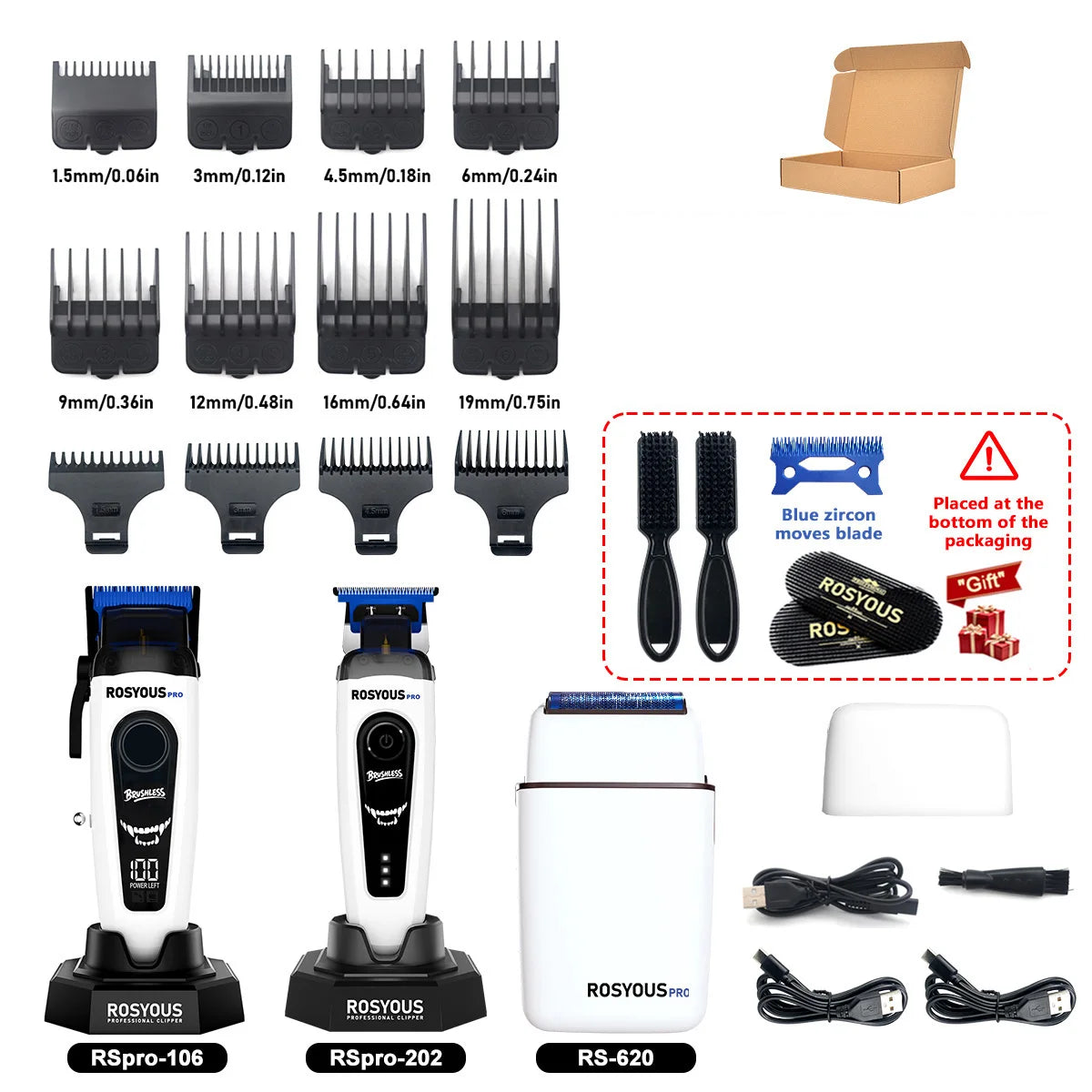 A collection of Rosyous electric hair clippers and accessories including various blade sizes and a storage box.