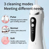 A white portable electric oral irrigator device showing three cleaning modes: Pulse, Normal, and Soft.