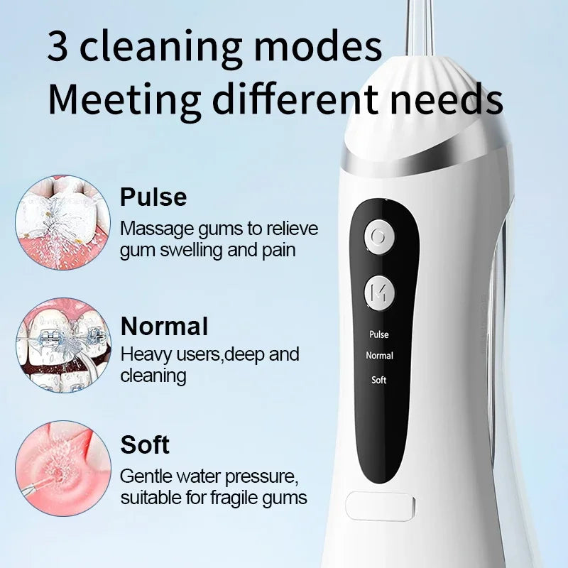 A white portable electric oral irrigator device showing three cleaning modes: Pulse, Normal, and Soft.