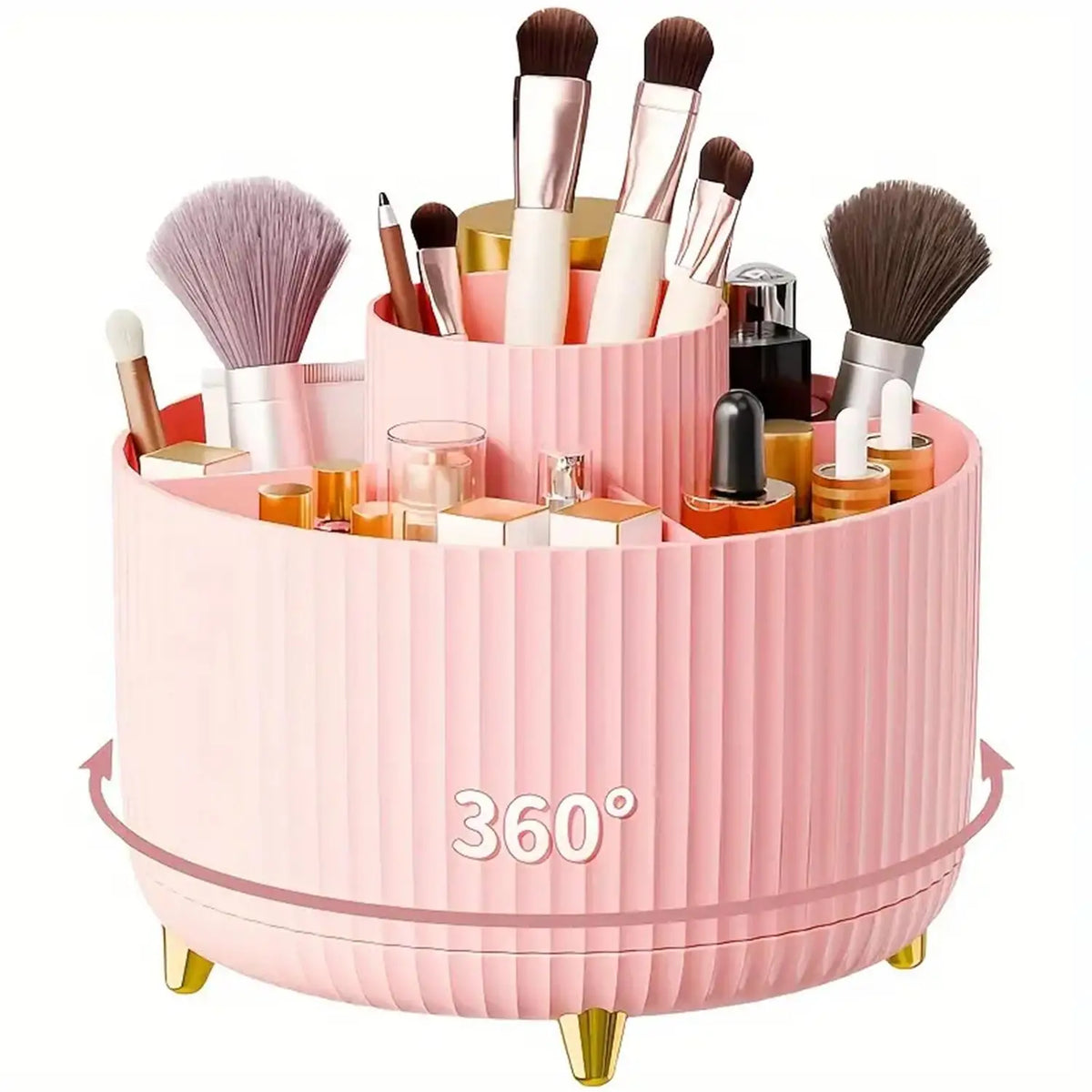 A pink rotating makeup organizer holding various makeup brushes and tools.
