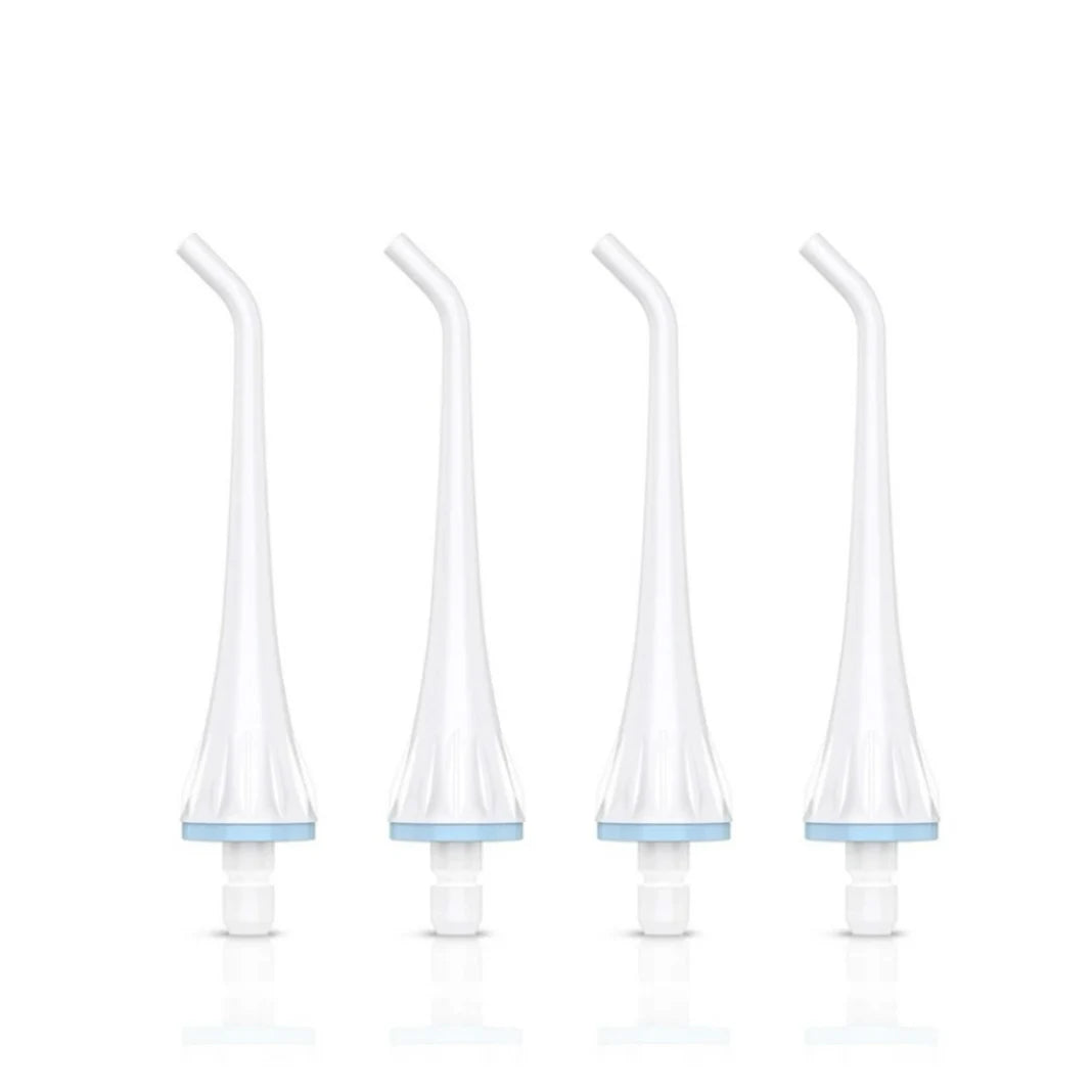 A pack of four white replacement tips for a water flosser oral irrigator
