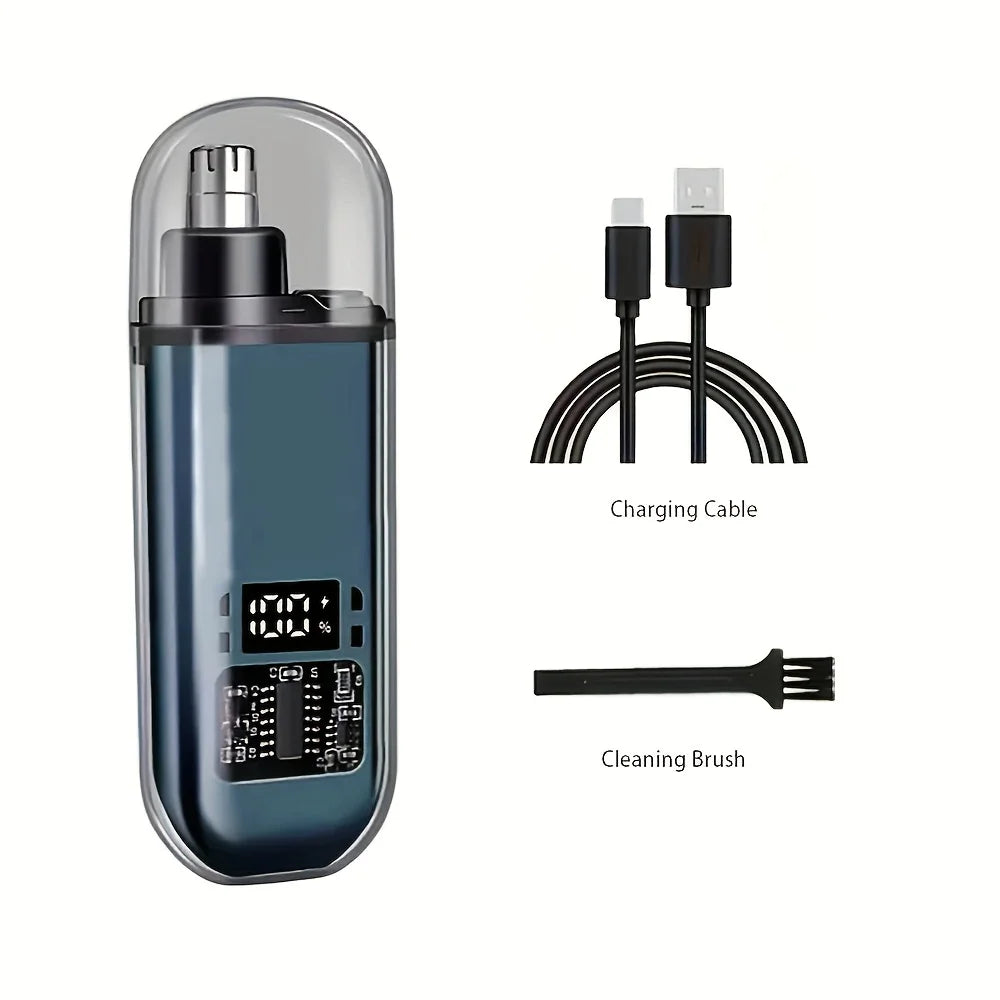 Präziser USB-rechargebarer Nasen- und Ohrhaartrimmer mit Ladekabel und Reinigungsbürste.