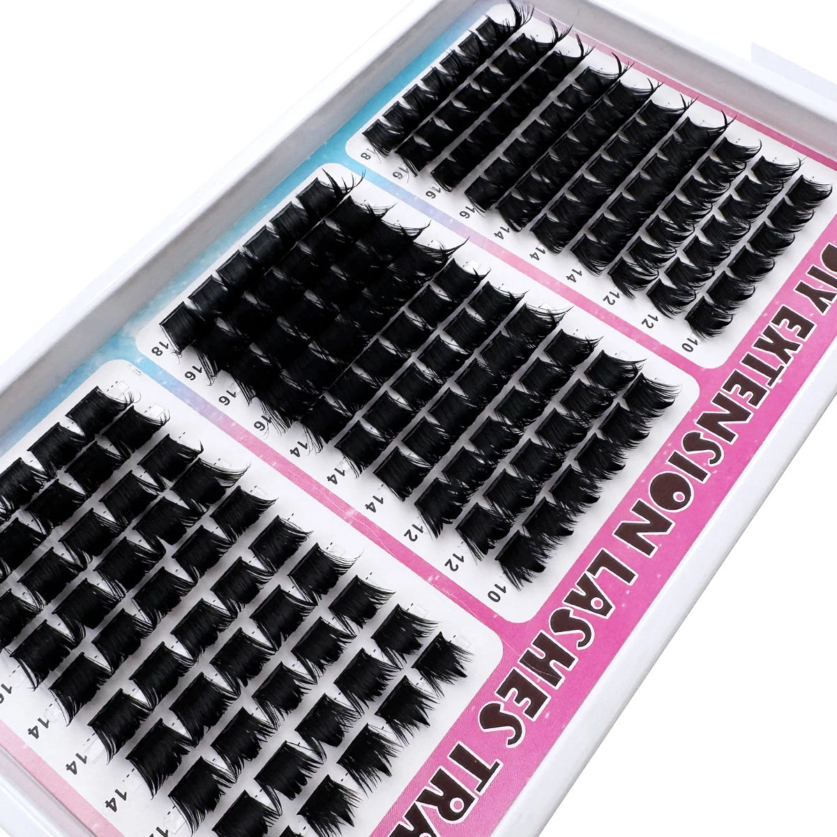 A tray of black mega wispy lash clusters for dramatic volume eyelash extensions.