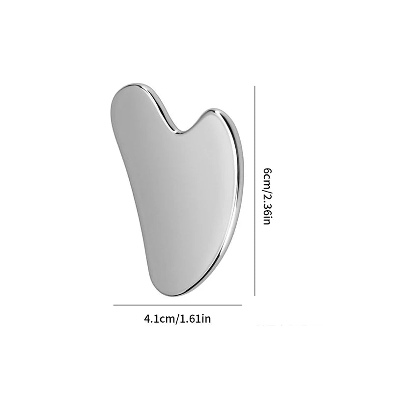 Silver stainless steel gua sha tool for facial and body massage with dimensions 6cm by 2.36in.