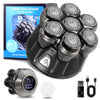 A black electric shaver head and magnetic charging base are shown with accessories.