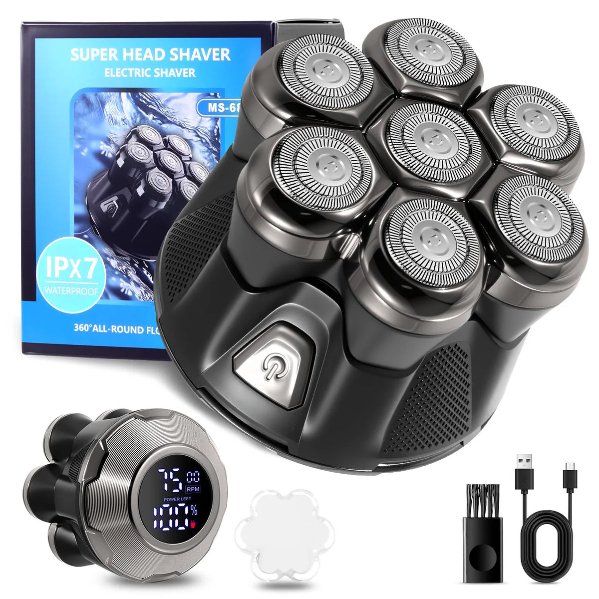 A black electric shaver head and magnetic charging base are shown with accessories.
