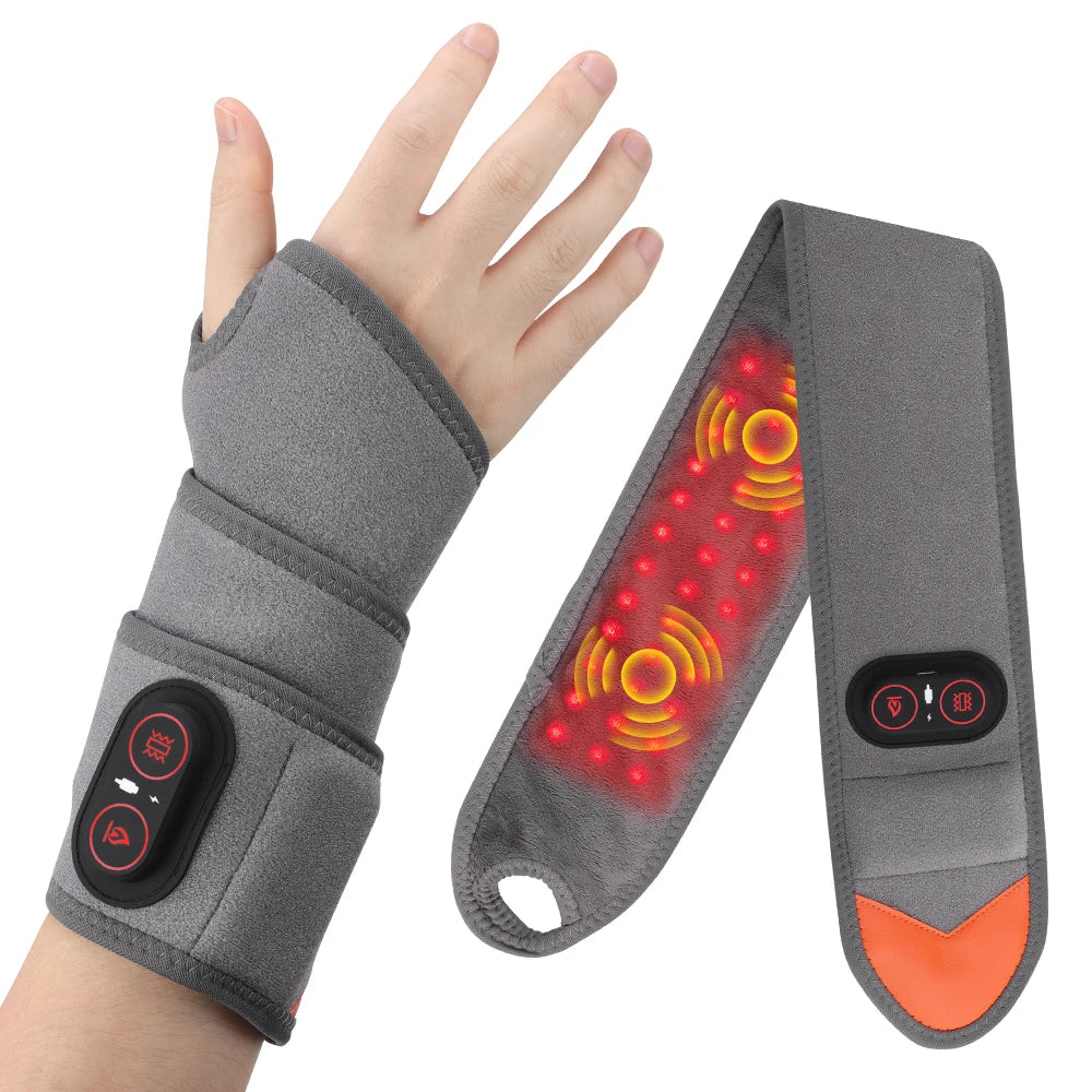 A hand wearing a gray wrist support device with an illuminated orange circuit pattern.