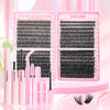 A pink kit for DIY eyelash extensions featuring lash bundles, tweezers, and a bond remover tool.