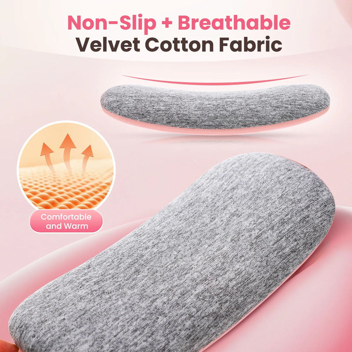 Nahaufnahme eines grauen Samt-Baumwoll-Menstruationswärmers auf rosa Hintergrund.