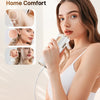 A woman is using an IPL hair removal device on her face, demonstrating salon results and home comfort.