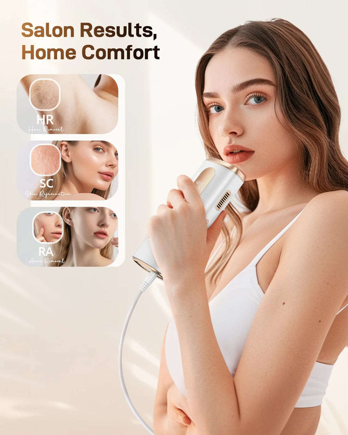 A woman is using an IPL hair removal device on her face, demonstrating salon results and home comfort.