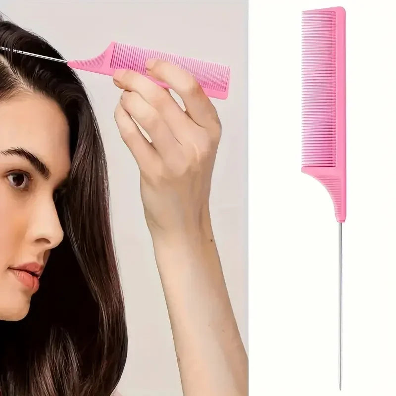 A woman is using a pink hair styling brush on her hair, with the brush shown separately.