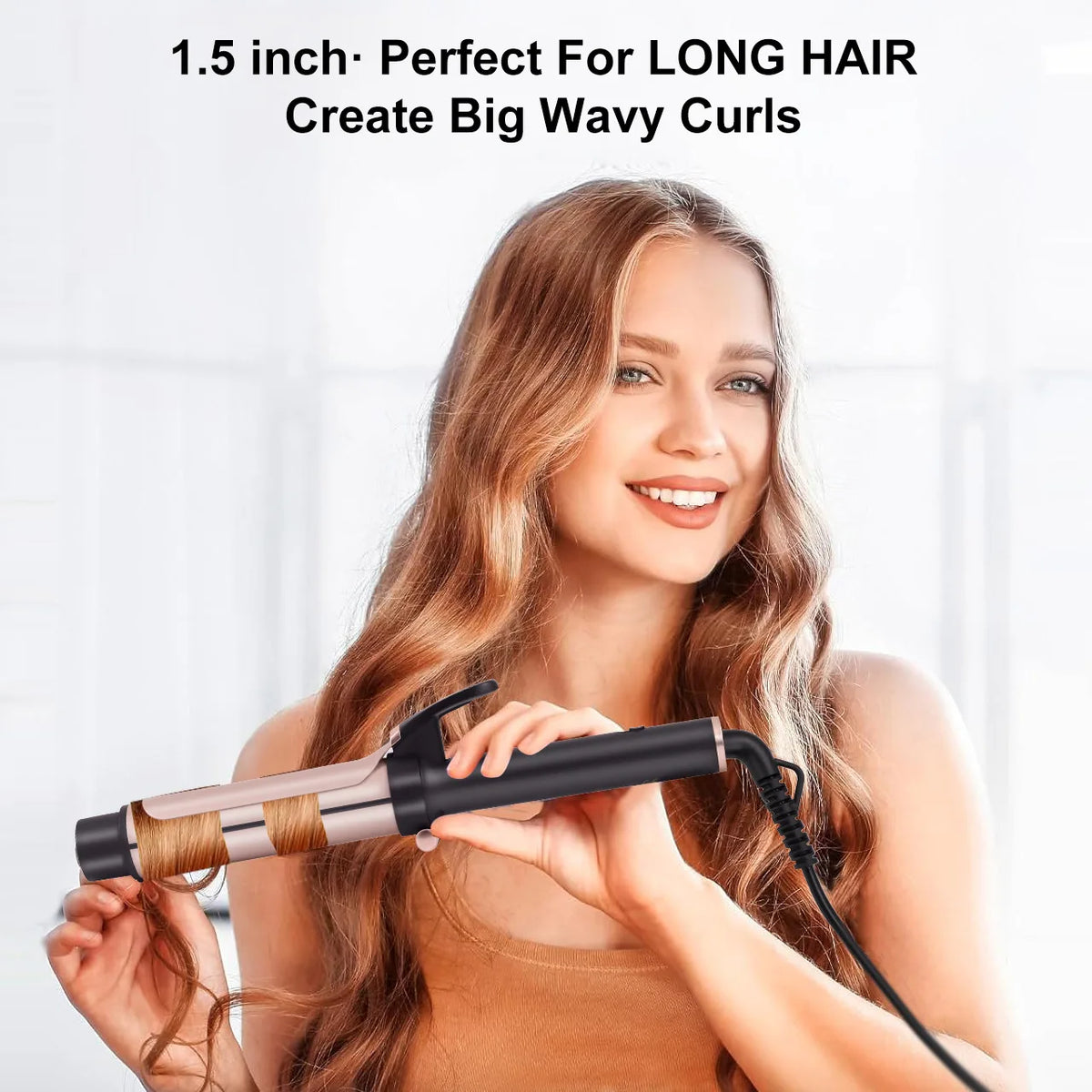 A woman is using a 1.5 inch ceramic curling iron to create big wavy curls in her long brown hair.