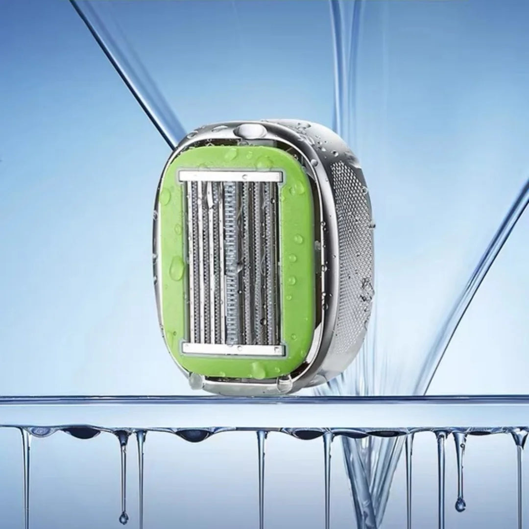 A silver and lime green precision manual safety razor is shown against a blue background with water droplets.