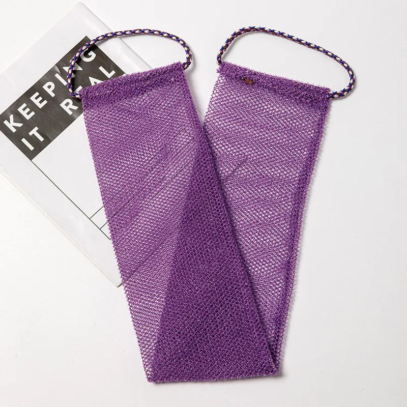 Purple exfoliating African net body scrub sponge with braided handles