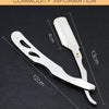 A silver professional straight edge barber razor with a handle and blade shown against a dark background.