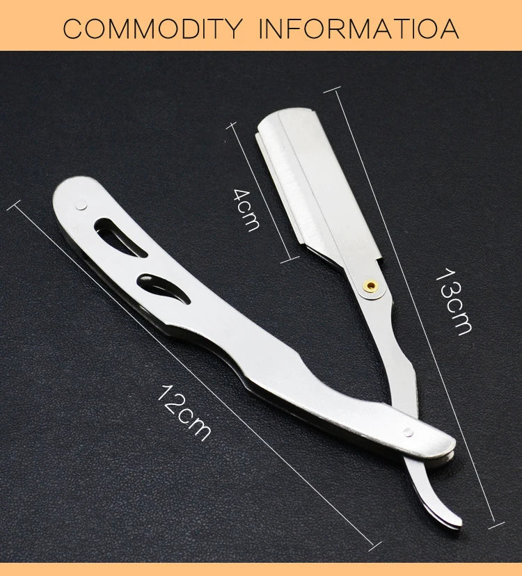 A silver professional straight edge barber razor with a handle and blade shown against a dark background.