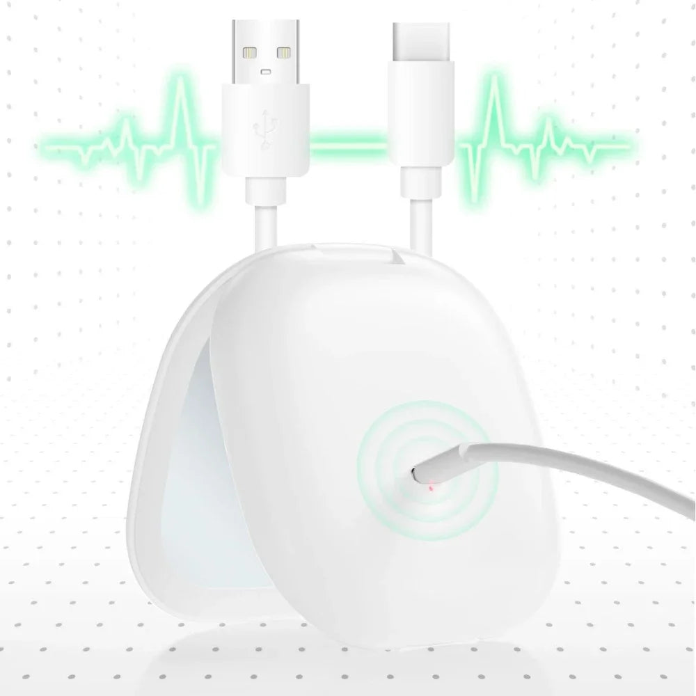 A white compact LED makeup mirror with a light green heart-line graphic and a flexible light source.