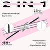 A pair of pink double-edged lash glue applicators shown with various sealing times and features.