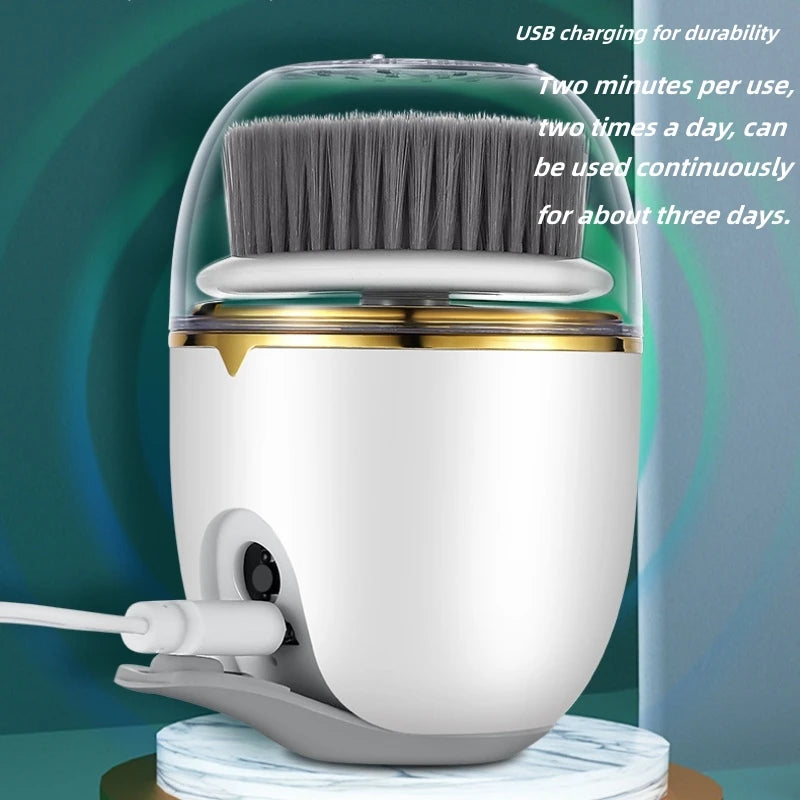 A white electric facial cleanser brush with a clear dome and a gray silicone brush head is shown on a stand.