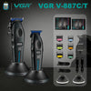 Máquina de cortar pelo profesional recargable VGR V-887C/T con varios accesorios sobre fondo gris.