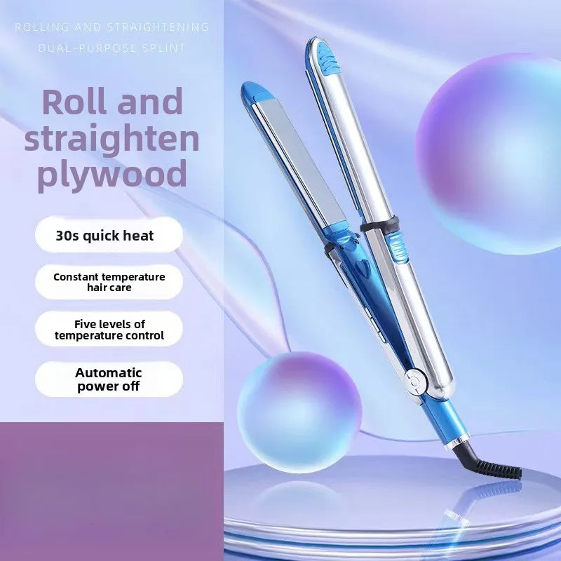 A close-up of a dual-purpose split iron in blue and silver, shown with hair styling tools and glowing spheres.