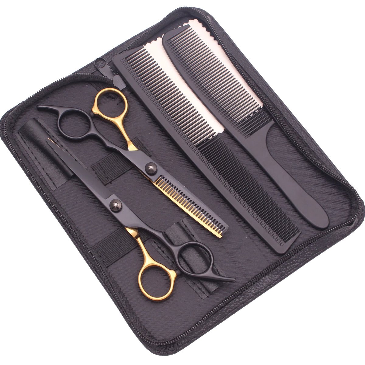 A black case containing professional stainless steel hairdressing scissors, combs, and other grooming tools.