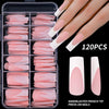A box of 120 press-on nails in nude pink matte with a french tip design shown next to the nails.