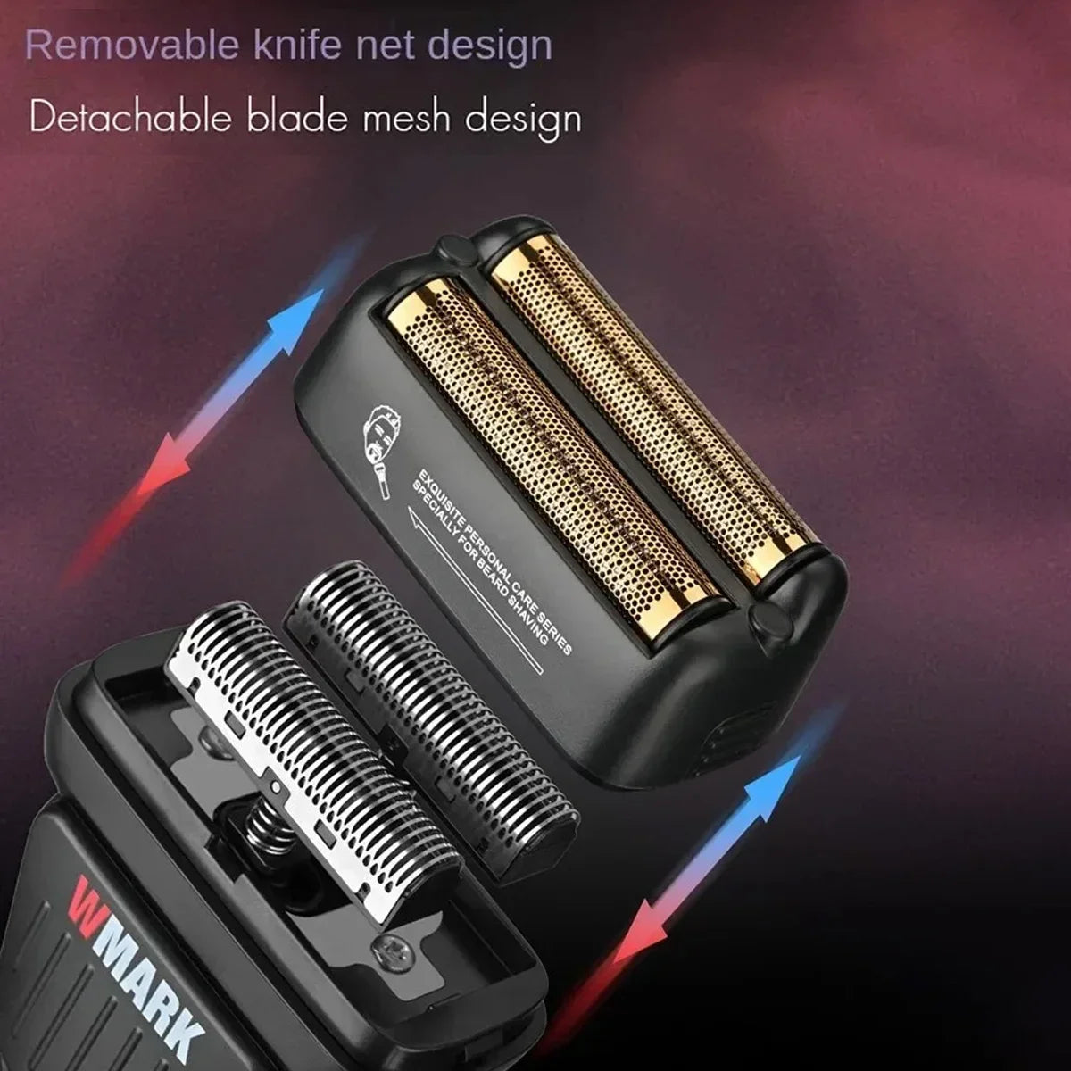 Close-up view of a black electric hair shaver with removable and detachable blade mesh designs.
