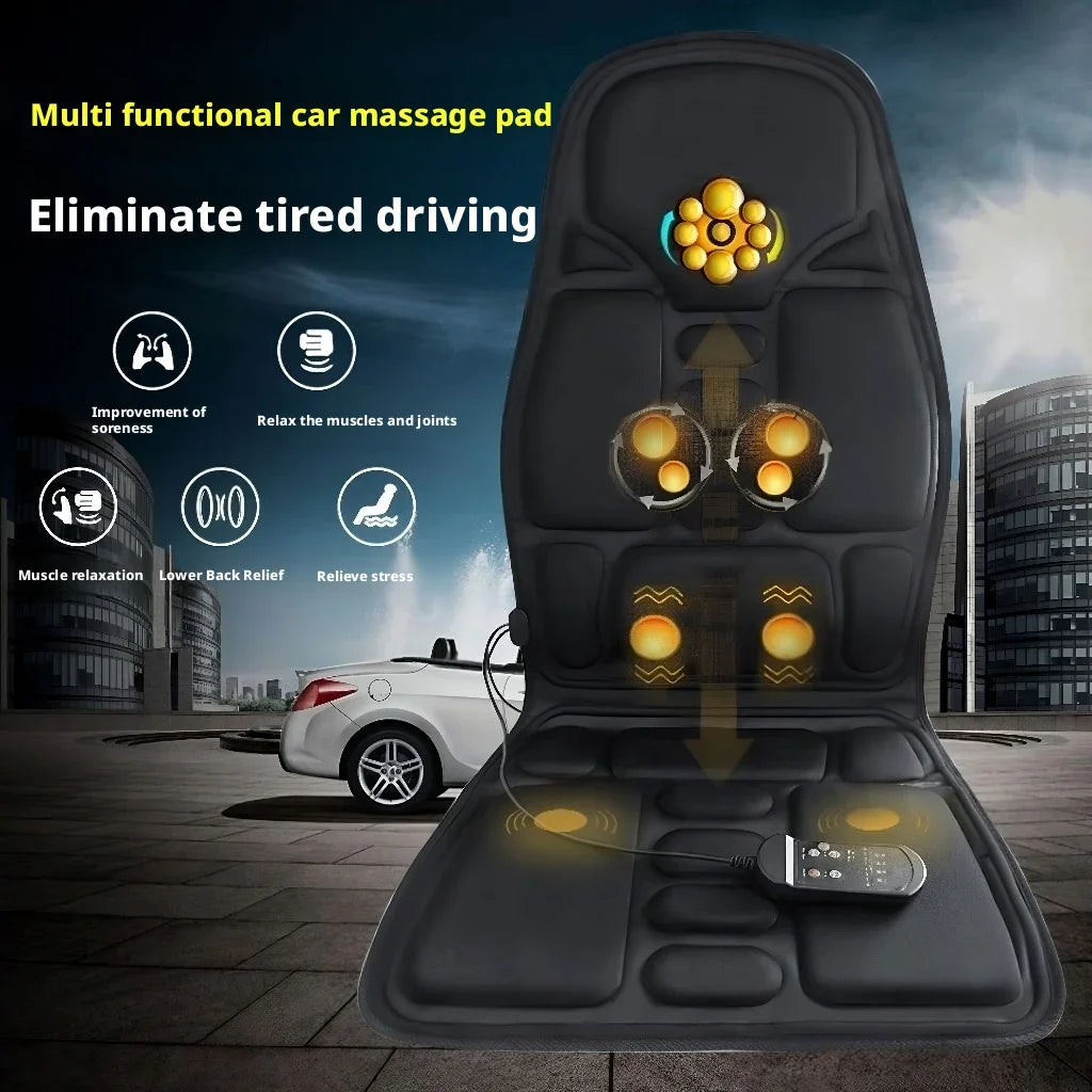 A black multi functional car massage pad is shown open, with massage features and a cord resting on the surface.