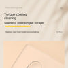 A stainless steel tongue scraper is shown on a light background, demonstrating an oral cleaning tool.