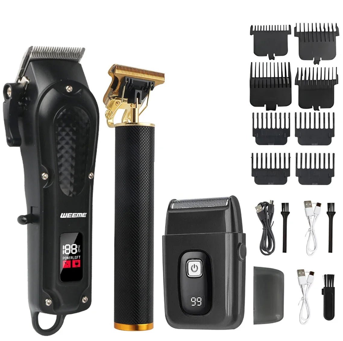A black 3-in-1 rechargeable barber kit showing a hair trimmer, a gold shaver head, and accessories.