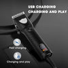 Schwarzer Elektrikoschneider mit USB-Ladekabel, der Schnellladung und Spielfunktionen demonstriert.