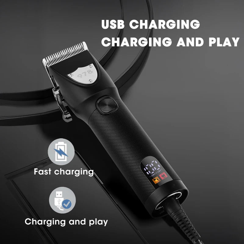 Schwarzer Elektrikoschneider mit USB-Ladekabel, der Schnellladung und Spielfunktionen demonstriert.