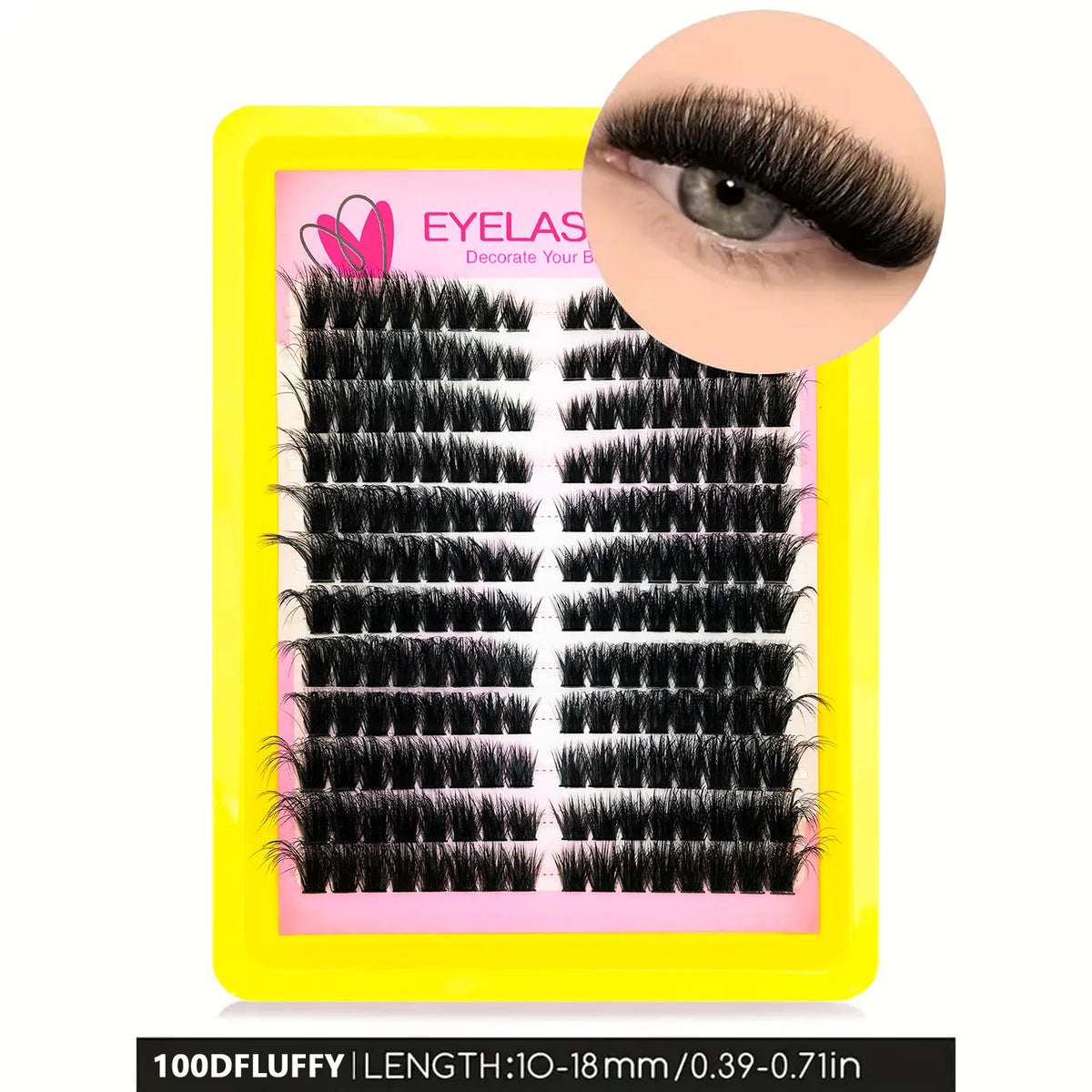 A yellow tray of black faux mink individual lash clusters for DIY eyelash extensions.
