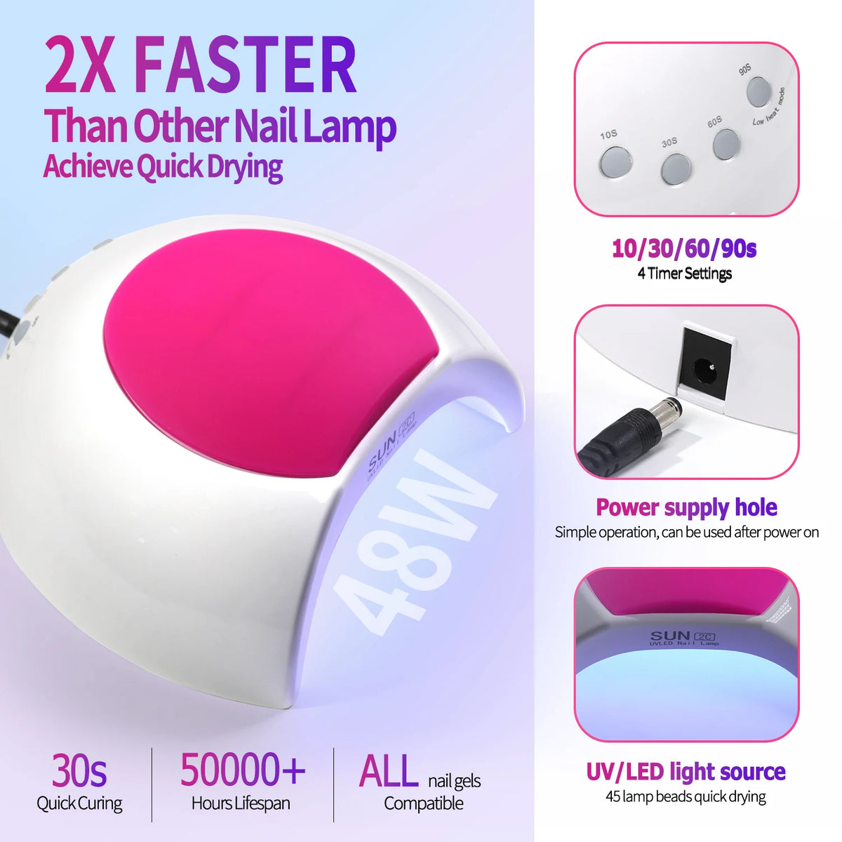 Lampe à ongles blanche avec tête lumineuse rose et boutons d'alimentation, affichant divers temps de séchage et fonctionnalit