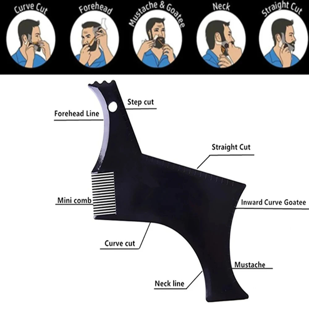 A set of beard shaping tools including a straight cut, curve cut, mustache, and neck line guide.