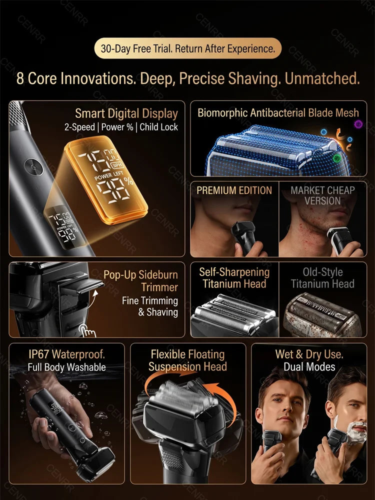 A collection of portable electric shavers and grooming tools, including a smart digital display shaver, beard trimmers, and s