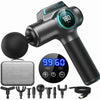 A professional muscle massage gun and various interchangeable massage attachments are shown.
