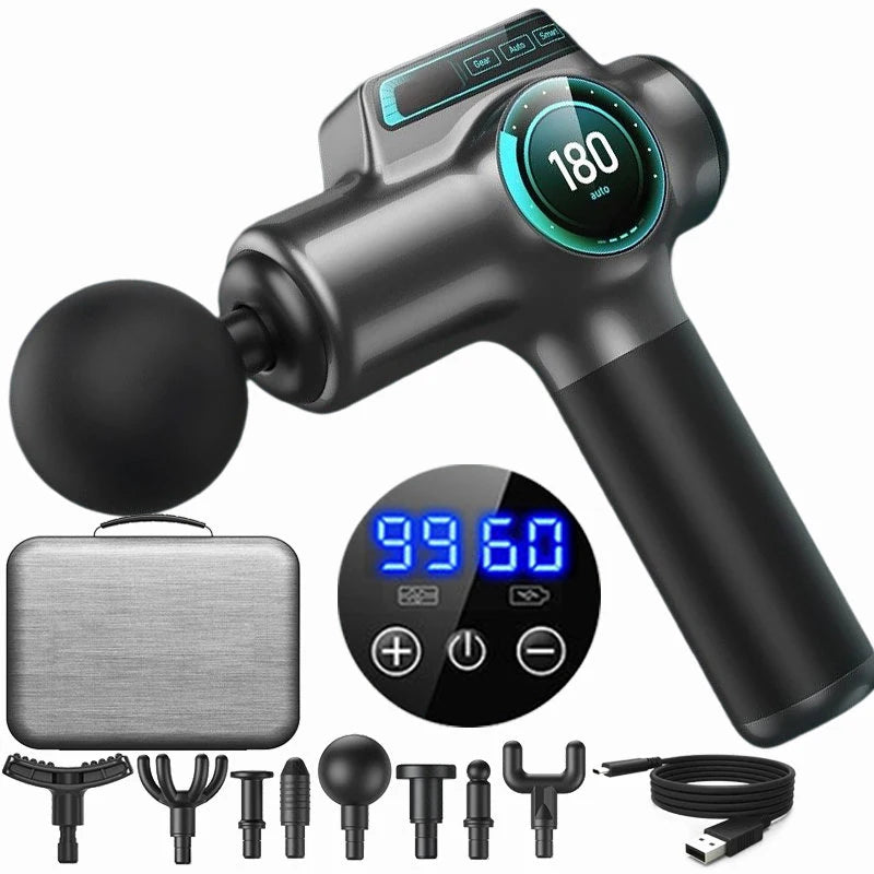 A professional muscle massage gun and various interchangeable massage attachments are shown.