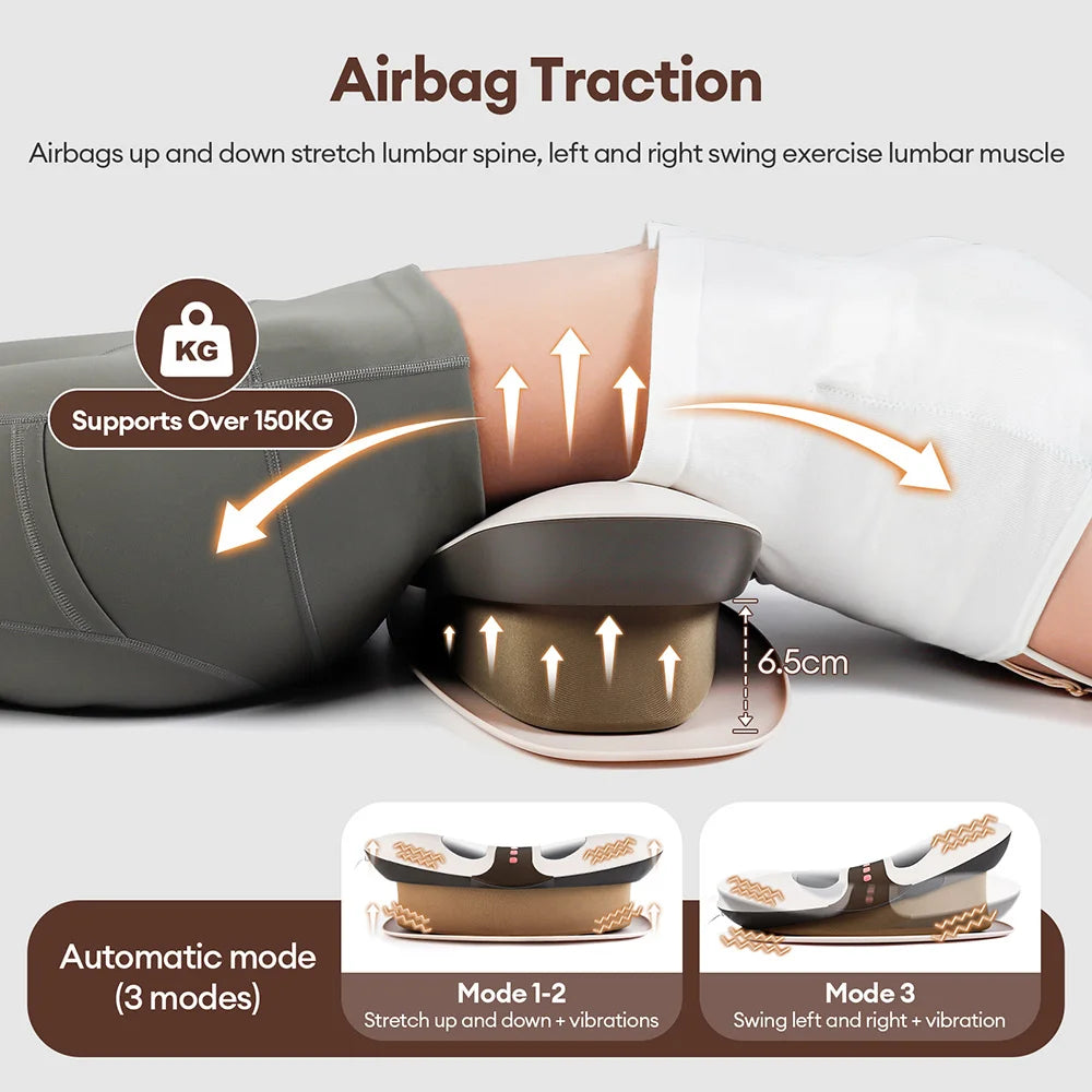 Airbag traction massager showing how airbags stretch the lumbar spine for muscle exercise.