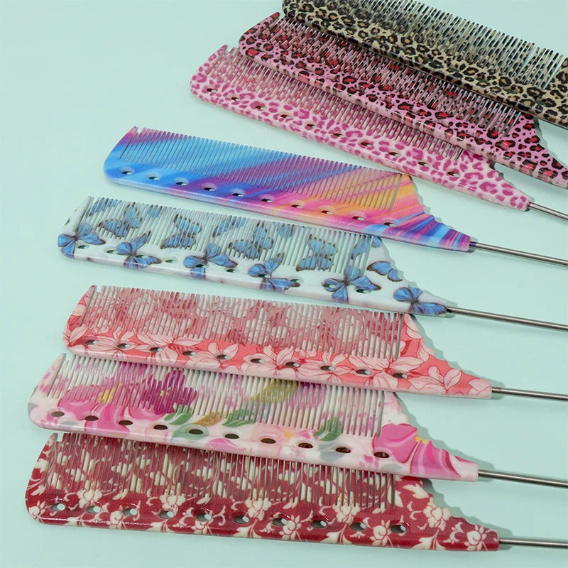A set of anti-static rat tail combs featuring various floral and abstract patterns in pink, purple, and black.