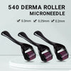 Three black derma rollers with various needle sizes 0.3mm, 0.25mm, and 0.2mm displayed on a white surface.