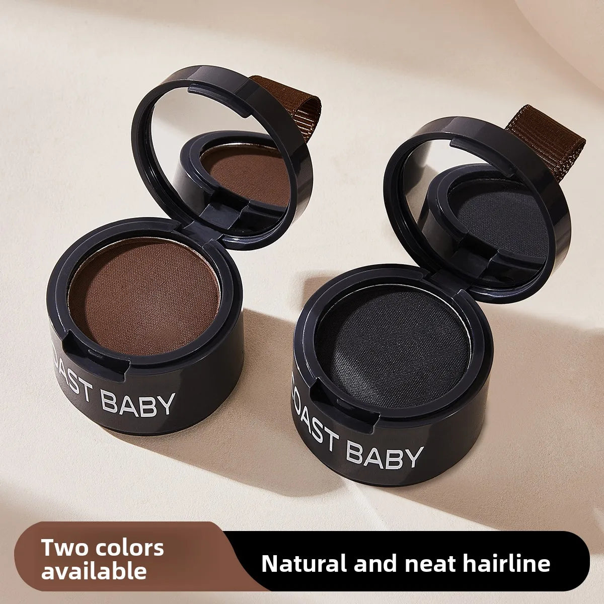 Two shades of Natural and neat hairline shadow powder in black compacts with application brushes