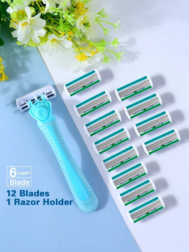 A blue razor holder with twelve green blades is displayed on a white surface next to some flowers.
