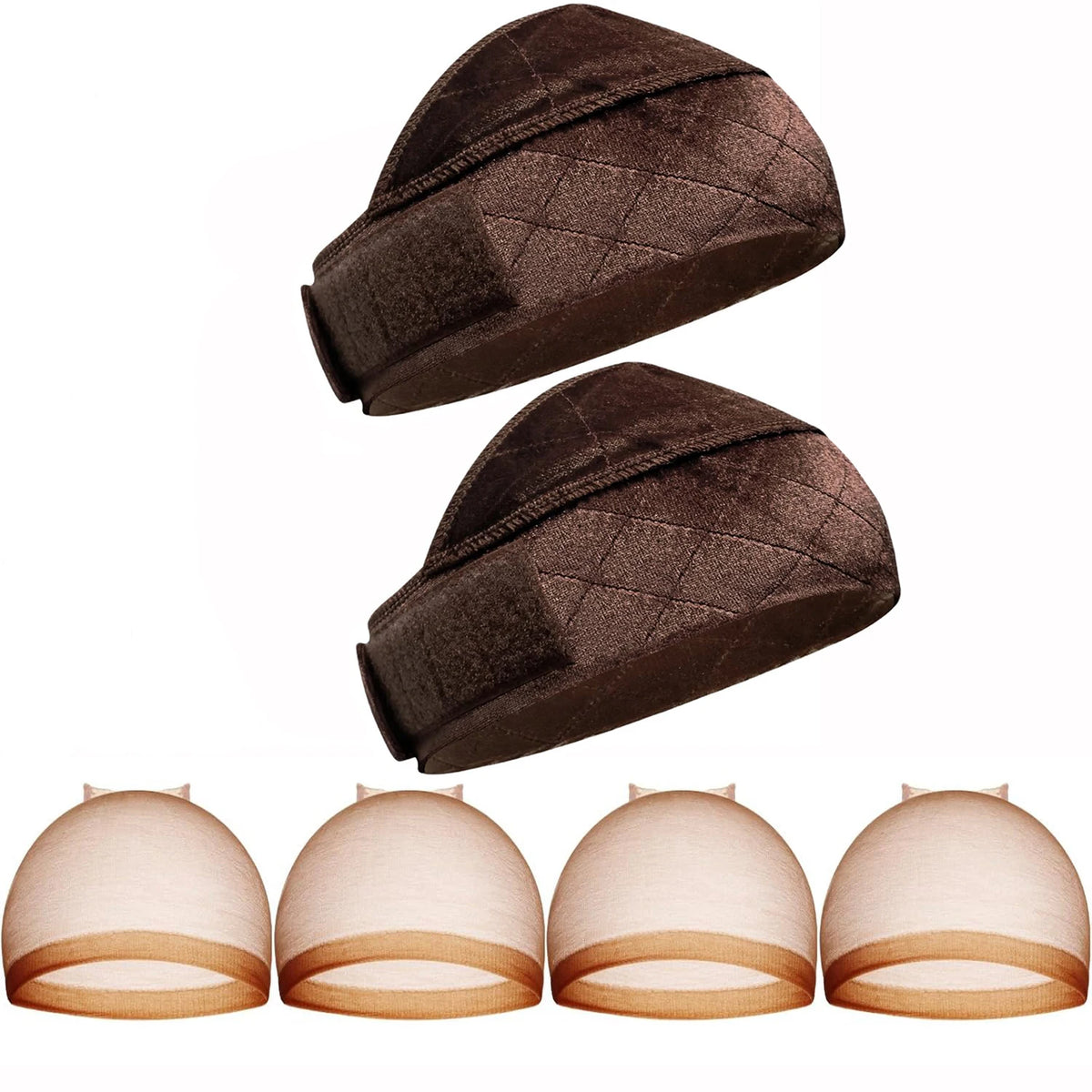 Un ensemble de bandes de maintien en velours marron foncé pour fronts en dentelle, vues sous différents angles.