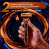 A hand holds an orange precision safety razor with a black handle, demonstrating manual control.