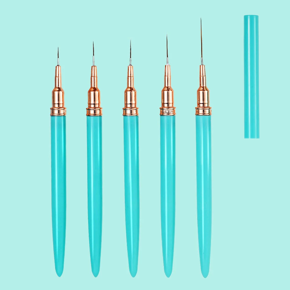 A set of pink nail art liner brushes with ultra-fine tips displayed vertically against a light blue background.