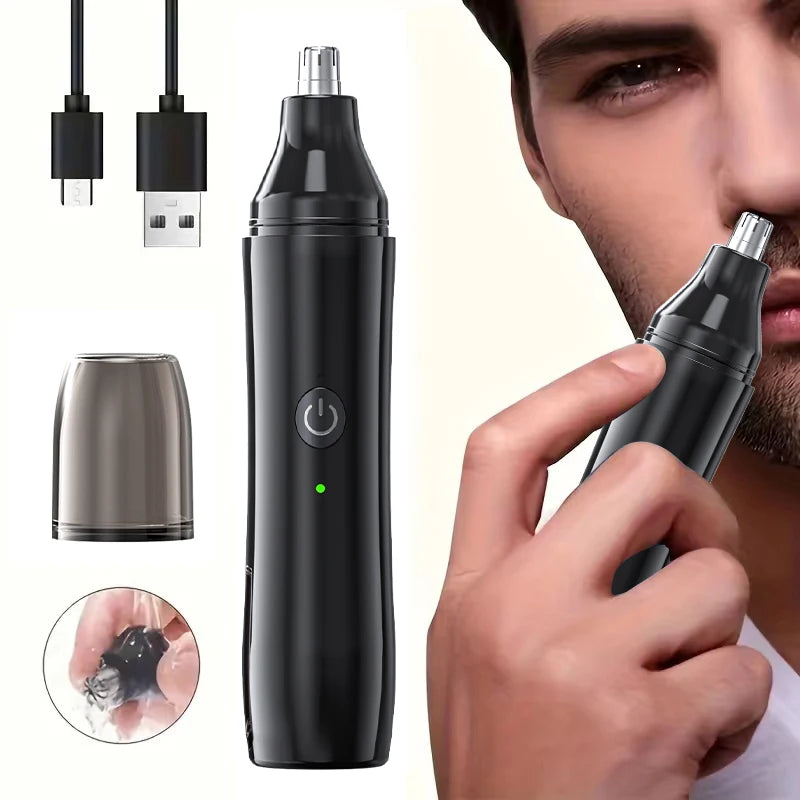 A black fully automatic rechargeable electric nose and ear trimmer shown with various attachments and in use on a man's face.